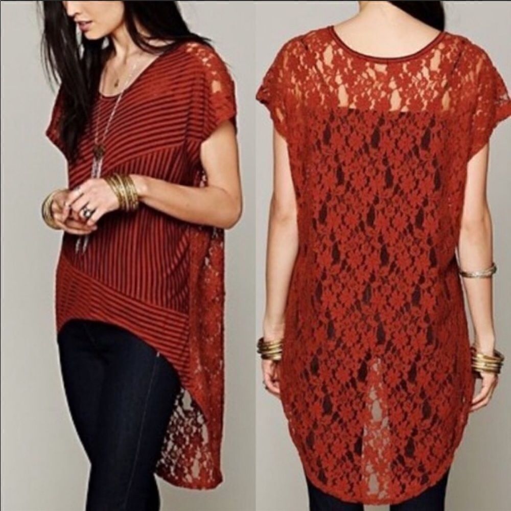 Free People Daydream Lace & Striped Hi Low Boho Top Blouse Sz S
